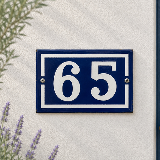 French vintage blue and white enamel door number 65 ideal for a cottage or country house door 