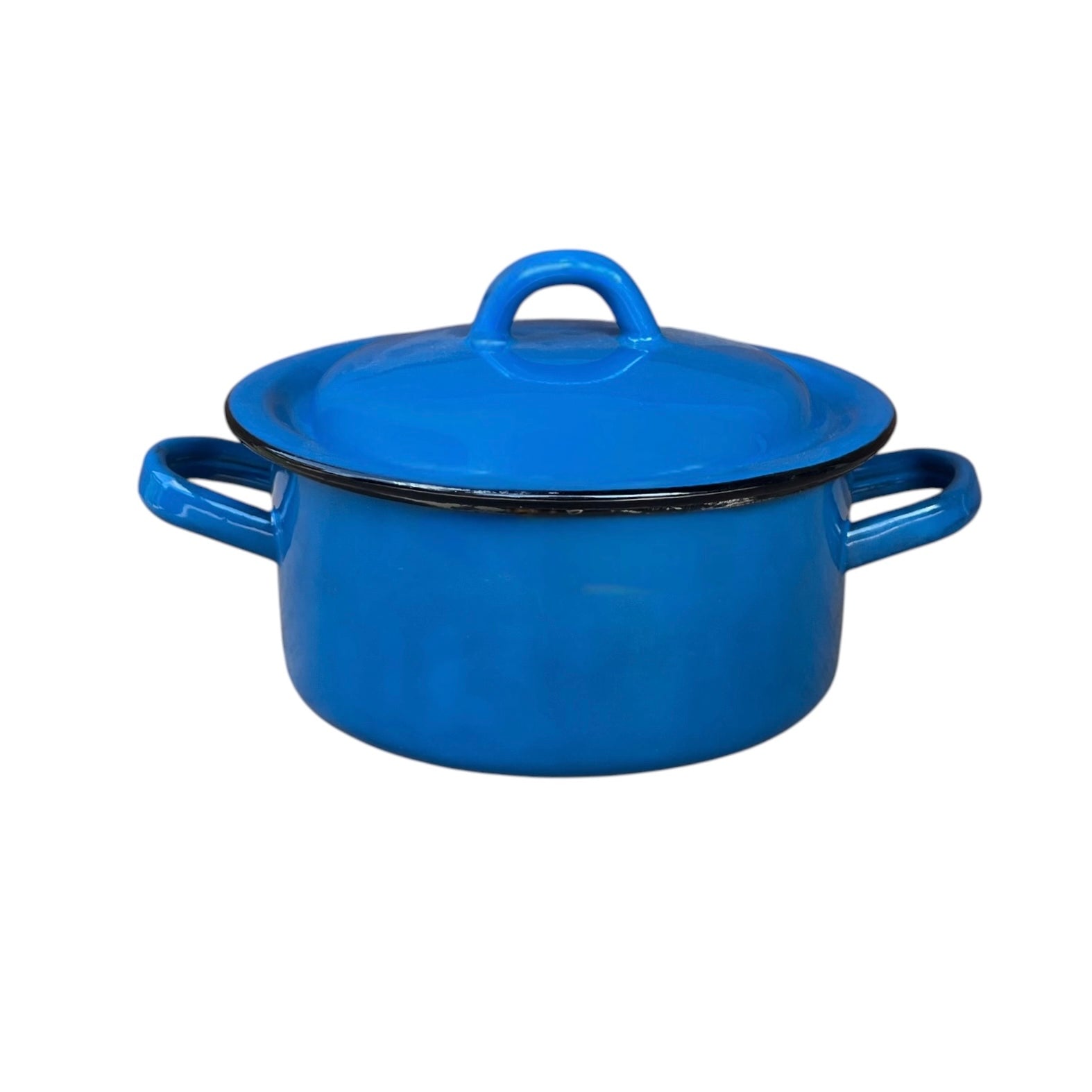 A bright blue enamel stockpot with a matching lid and side handles, photographed on a clean white background.