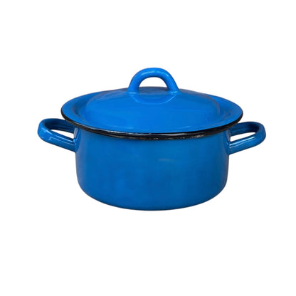 A bright blue enamel stockpot with a matching lid and side handles, photographed on a clean white background.