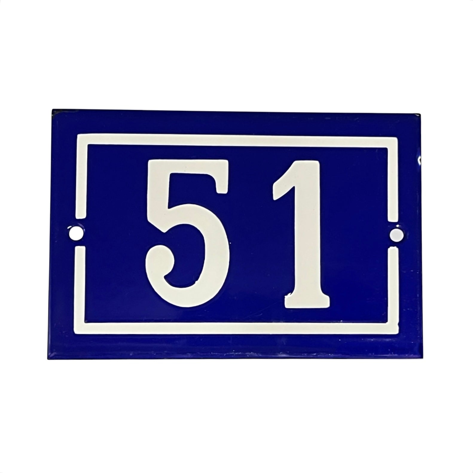 A rectangular blue house number plaque with white lettering and border, shown on a plain white background.