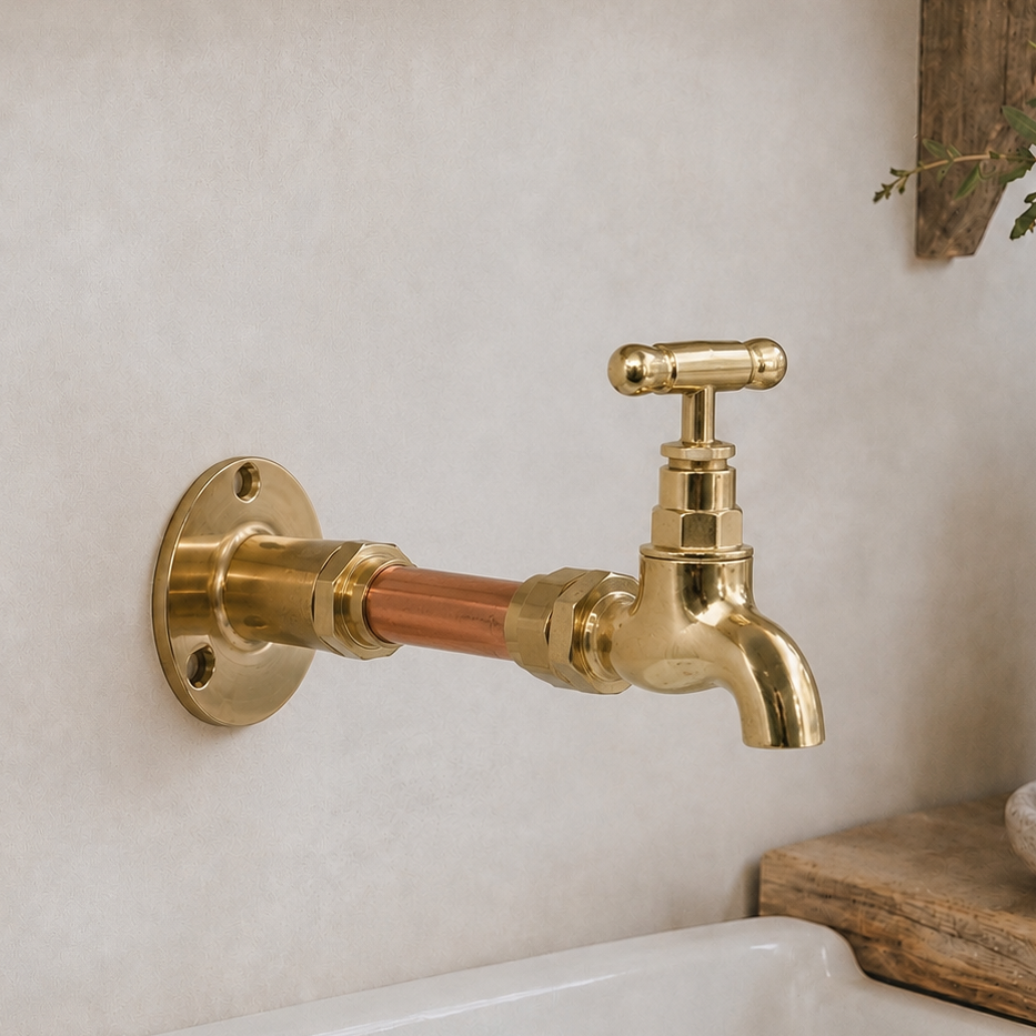 A wall-mounted brass faucet with a copper pipe section, installed on a light beige plaster wall above a white sink, with rustic wooden decor and a soap dish nearby.