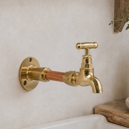 A wall-mounted brass faucet with a copper pipe section, installed on a light beige plaster wall above a white sink, with rustic wooden decor and a soap dish nearby.