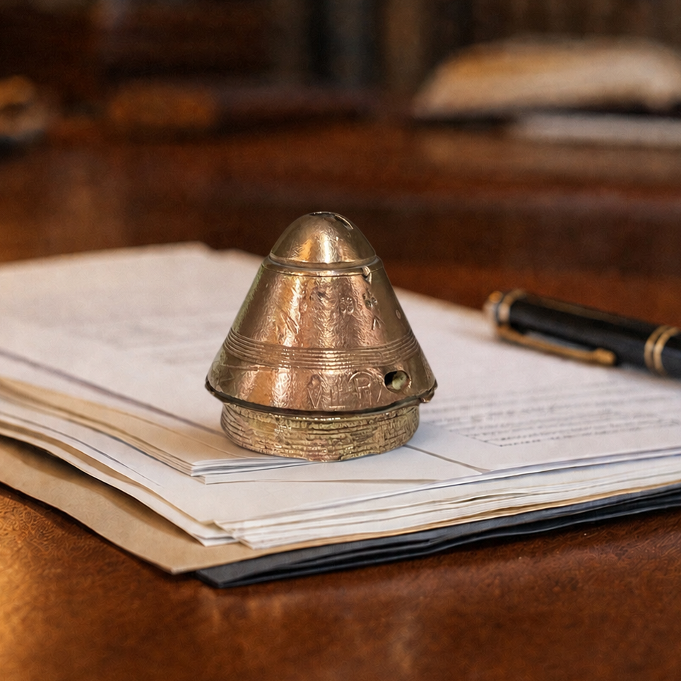 A small brass WW1 fuse paperweight with engraved detailing, resting on a stack of papers on a wooden desk next to a black pen.