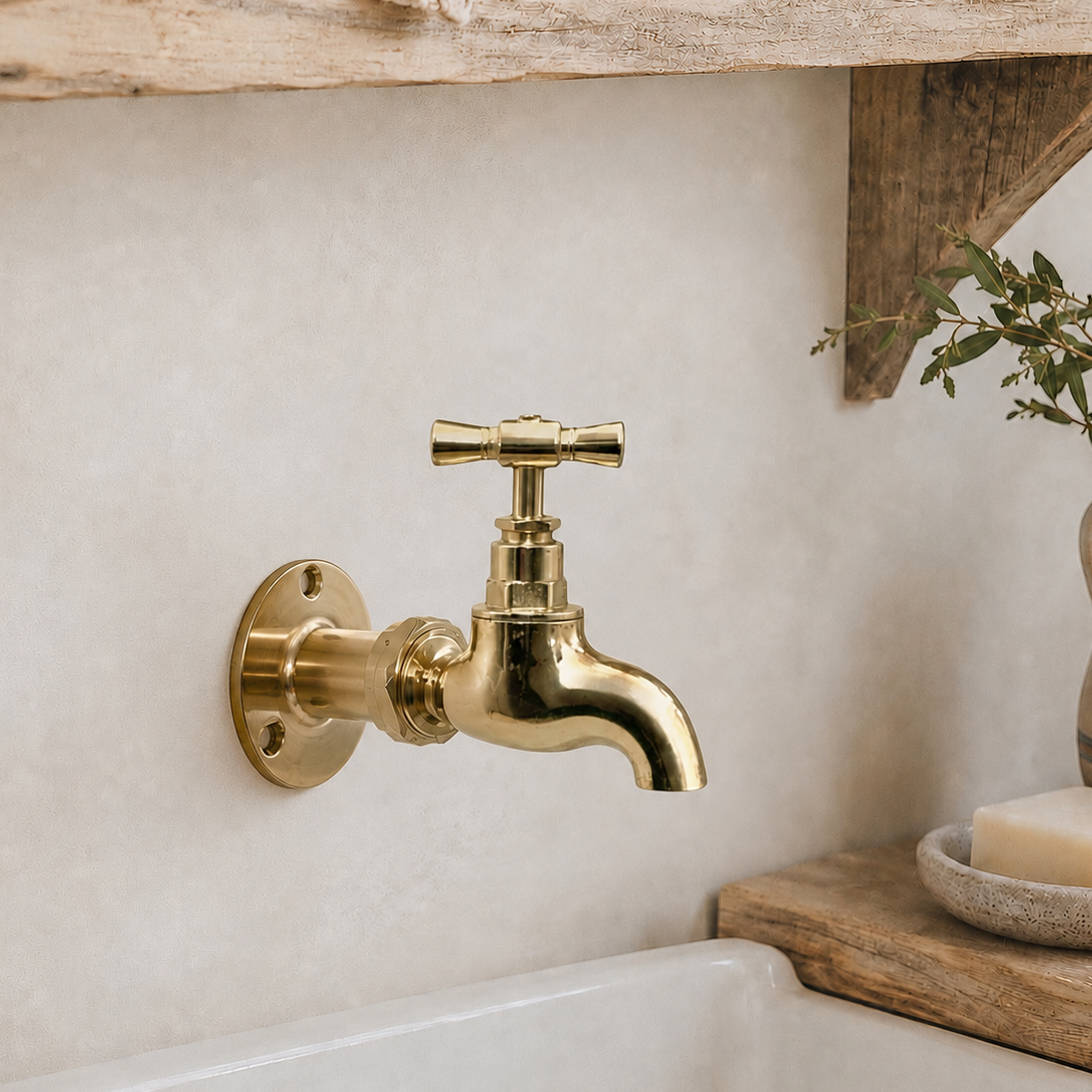 A polished brass wall-mounted faucet with a cross-handle, installed on a textured beige plaster wall above a white sink, with rustic wooden shelf and soap dish props nearby.