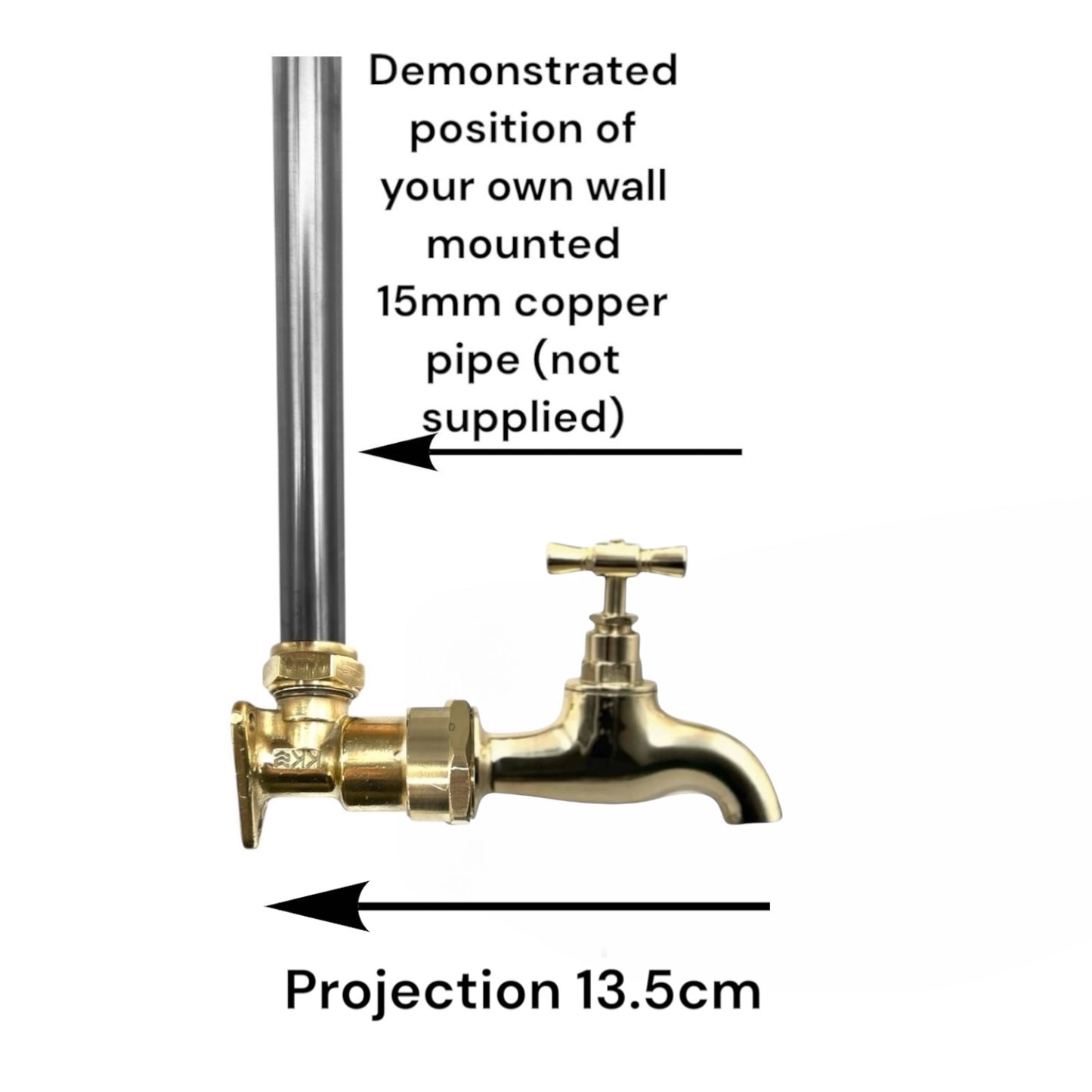 A brass garden tap fixture shown on a white background with overlaid text and arrows explaining the position of a 15mm copper pipe and the 13.5cm projection distance.