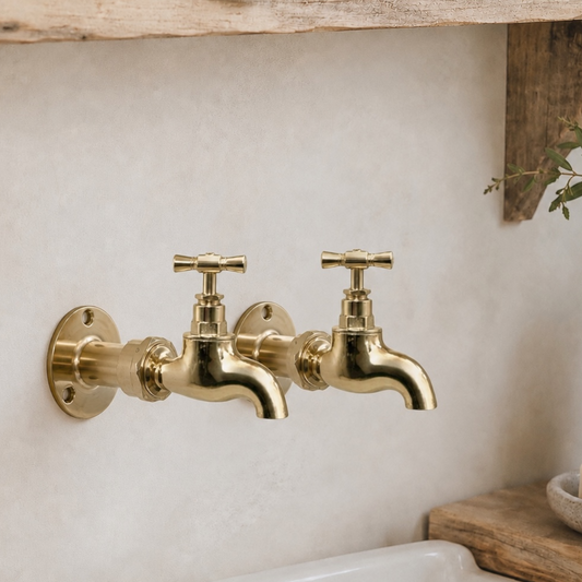 Two brass wall-mounted faucet spouts with cross handles, installed on a textured beige wall above a sink, with a rustic wooden shelf and plant visible in the background.