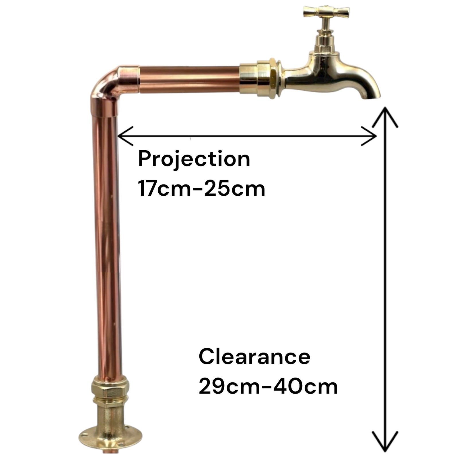 Copper pipe with brass faucet tap and measurements indicated on a white background