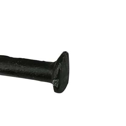 A close-up of a black cast iron nail head on a plain white background.