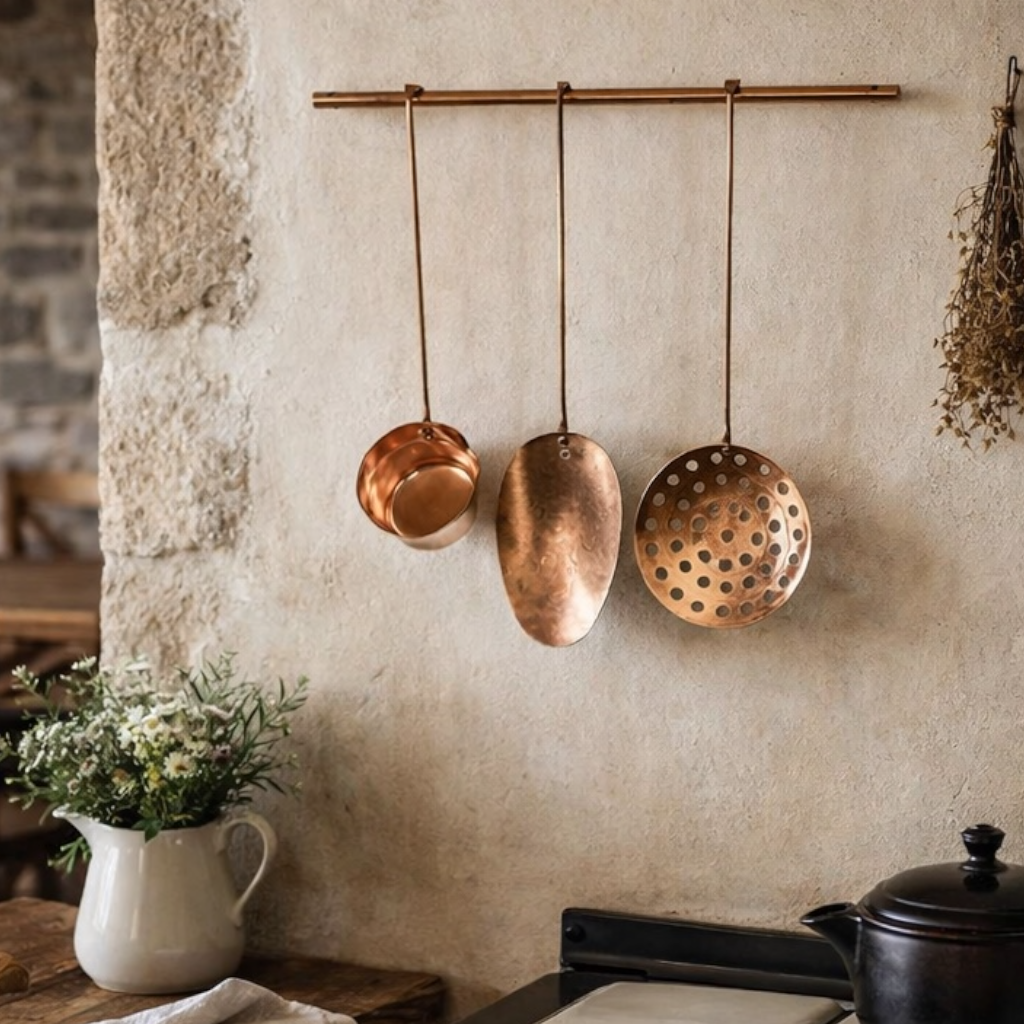 Three copper hanging utensils on a wall in a rustic kitchen setting.