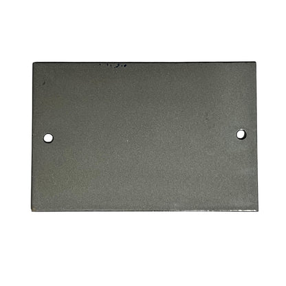 A rectangular dark gray metal plate with two pre-drilled holes, shown against a plain white background.