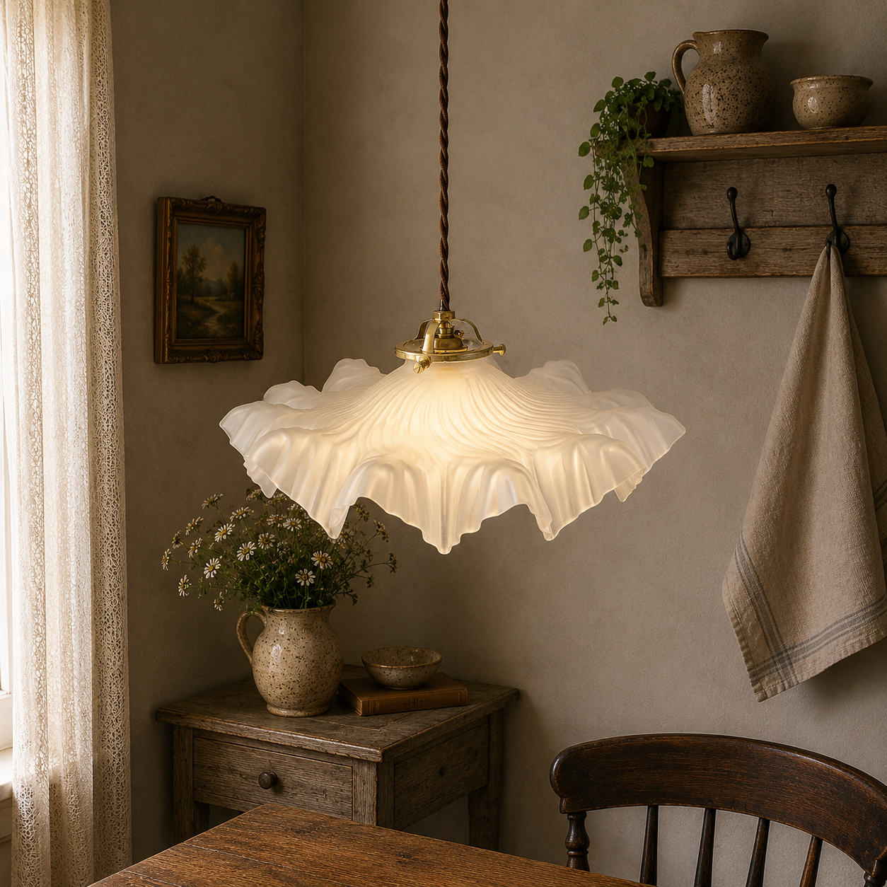 A French vintage Art Deco-style lampshade made of clear frosted glass with a frilled edge, suspended by twisted-style wiring and brass fittings, perfect for adding charm to a period room or retro home, displayed in a warm rustic home above a wooden table