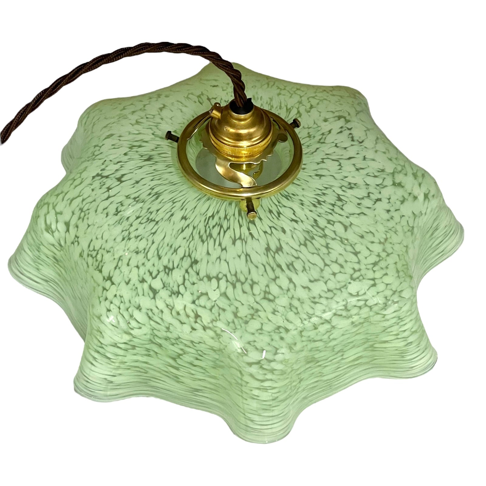 Vintage French Pendant Light, Green Mottled Milk Glass Hanging Lampshade 