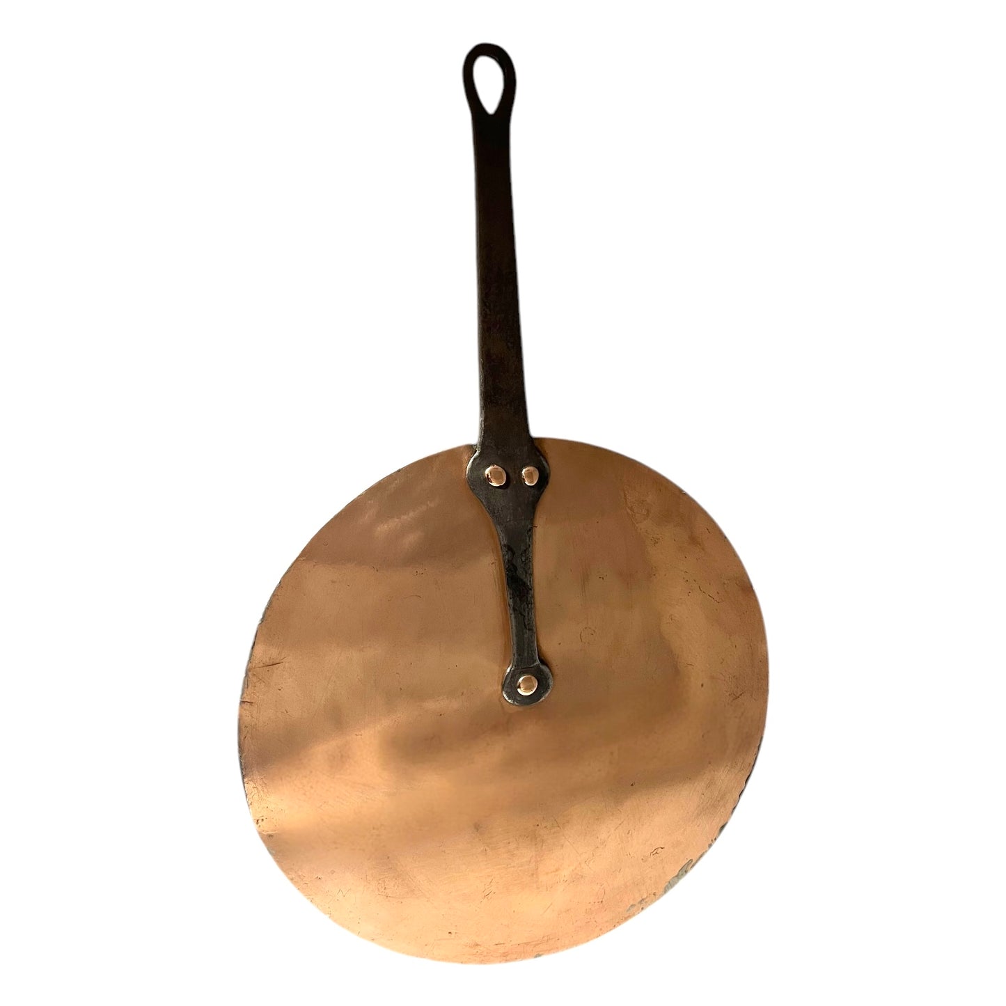 French Antique Flat Copper Pan Lid fits up to 29cm Pans with New Tin Lining and a cast iron handle with copper rivets