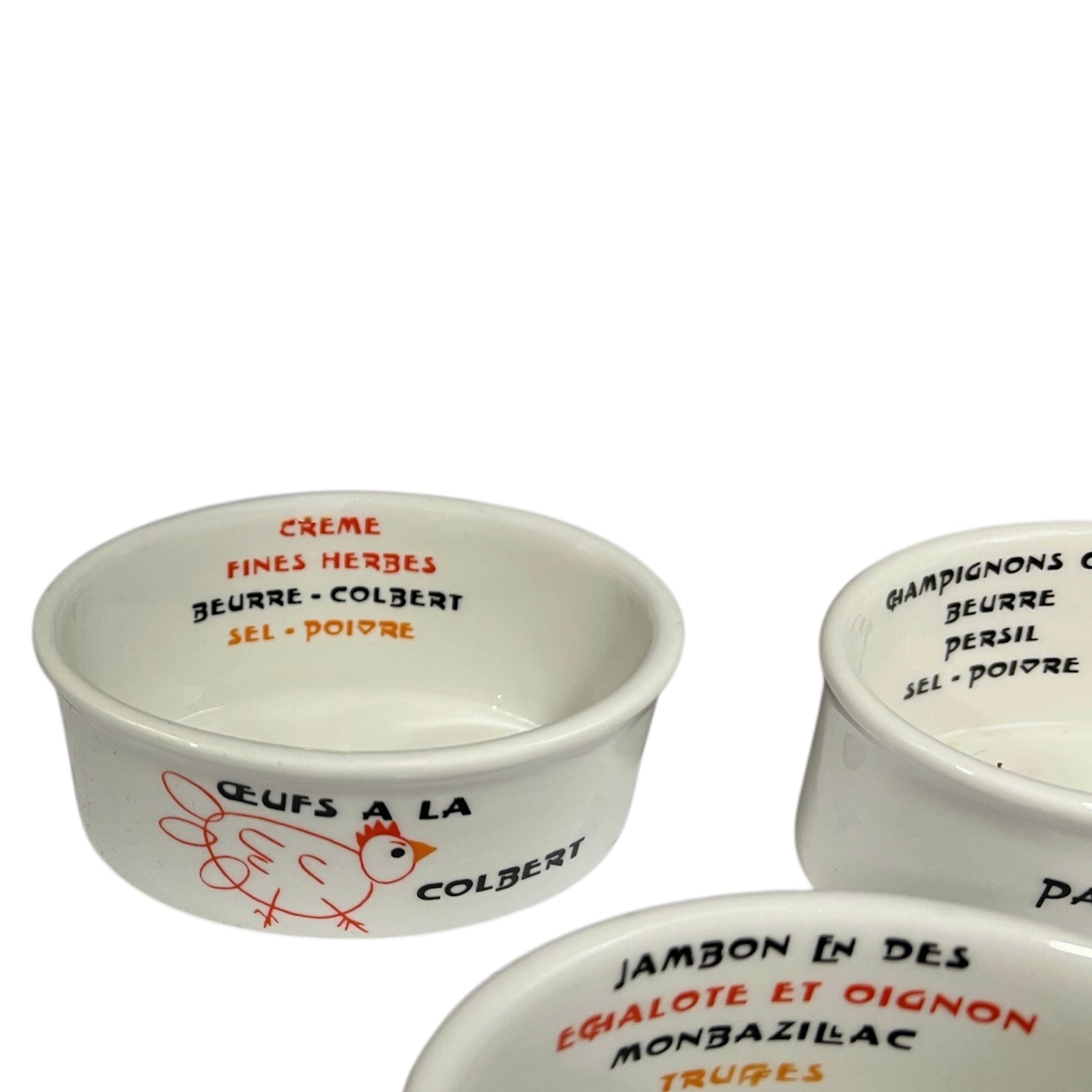 Set of three ceramic bowls with text and graphics on a white background