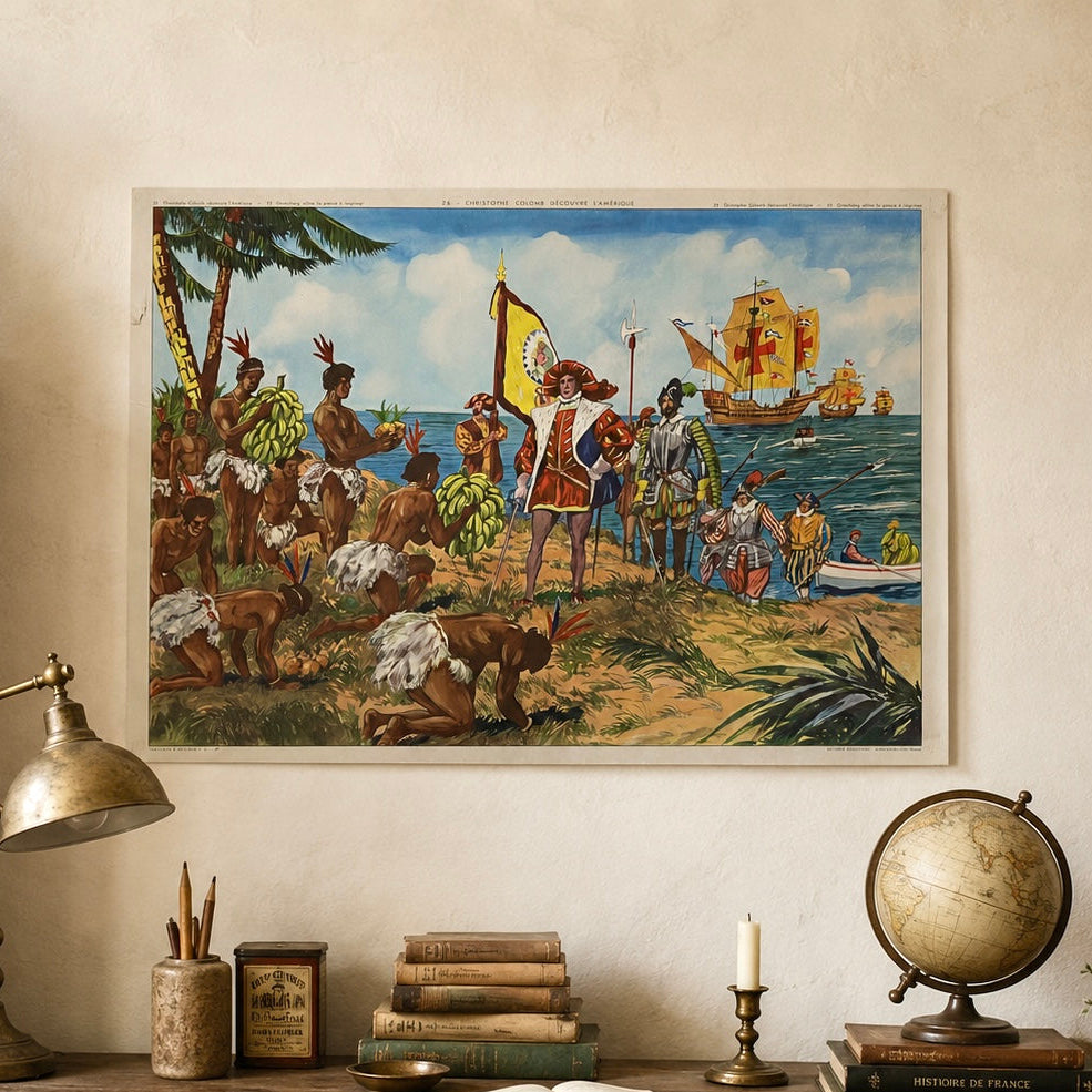 Vintage French large wall poster featuring Christopher Columbus discovering the Americas for the first time, set against a wall in a study with a decorated desk, perfect for adding a touch of vintage charm to your home décor.
