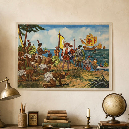 Vintage French large wall poster featuring Christopher Columbus discovering the Americas for the first time, set against a wall in a study with a decorated desk, perfect for adding a touch of vintage charm to your home décor.