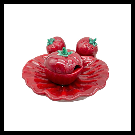 French Vallauris pottery cruet set in the shape of a tomato for sale by All Things French Store