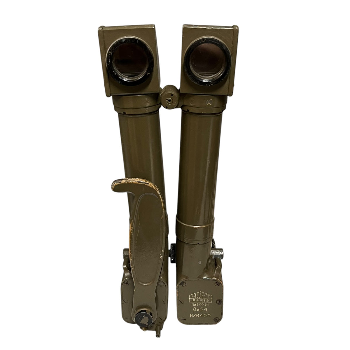 A pair of military-style binoculars in olive drab green, folded vertically with a carrying handle and adjustment knobs, shown against a plain white background.