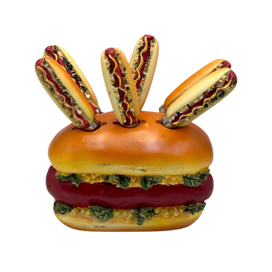 Set of 6 hotdog shaped butter knives in a matching hot dog shaped holder for sale from All Things French Store