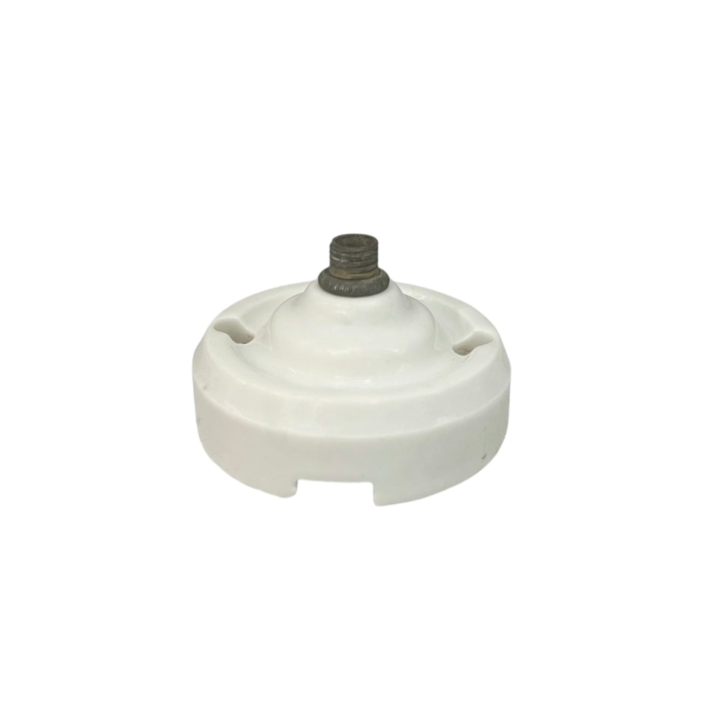 White French porcelain ceiling light rose fitting with a brass screw and 2 screw holes on a white background
