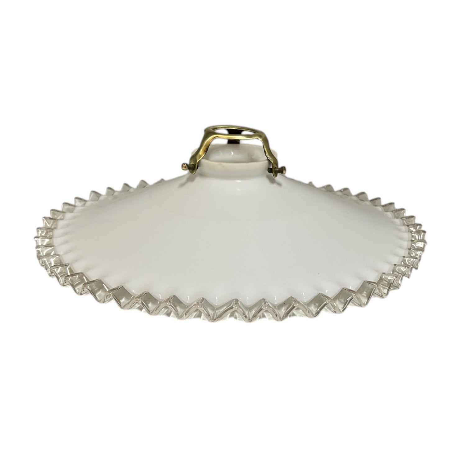 A white glass lampshade with a scalloped edge and gold fixture, perfect for adding a touch of period charm or retro flair to any home, set against a clean white background.