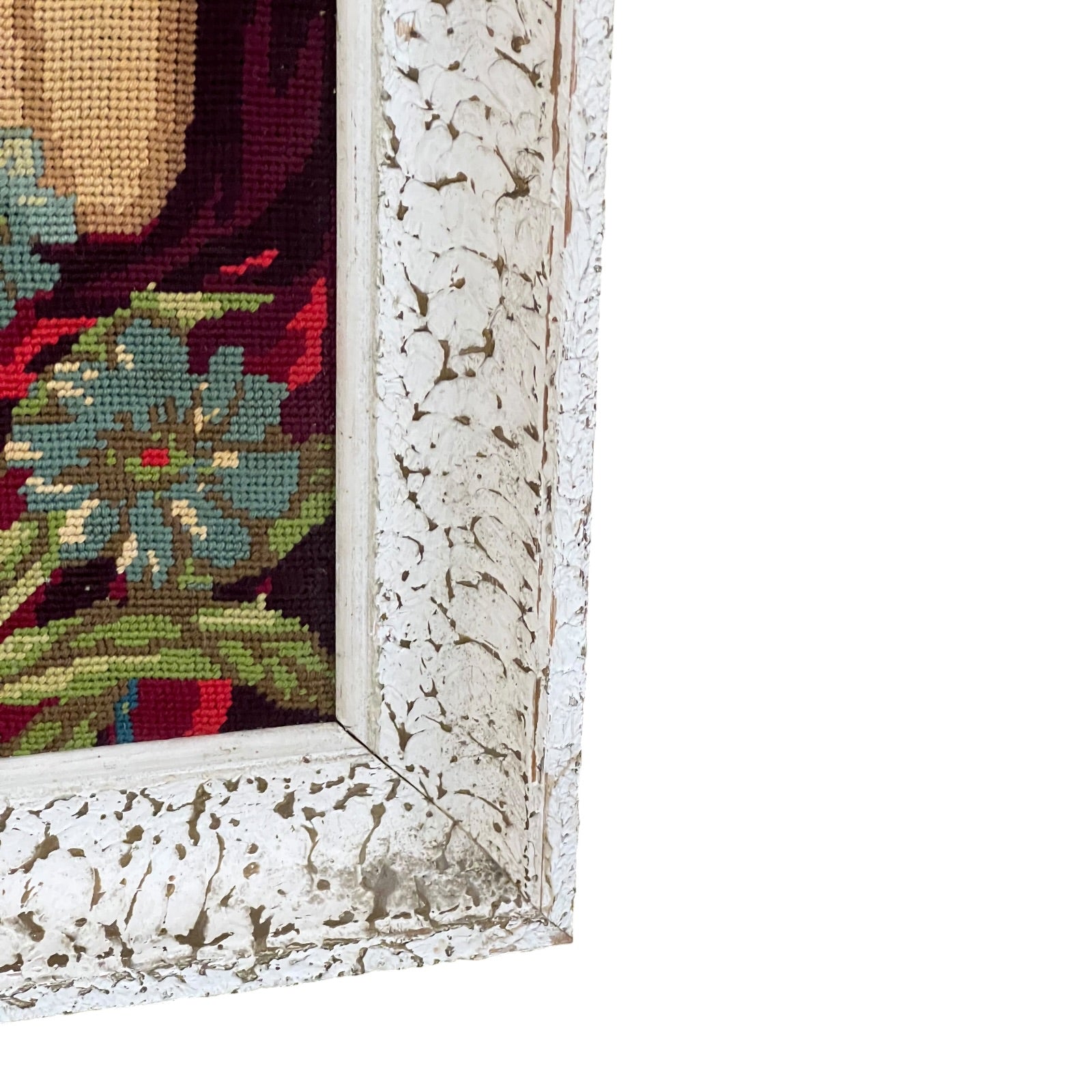 close up of a French vintage tapestry on a white background