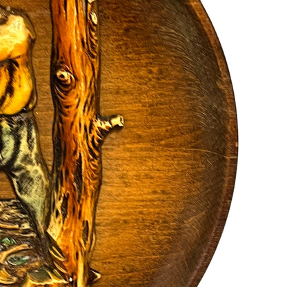 close up of a wooden decorative round plaque on a white background 