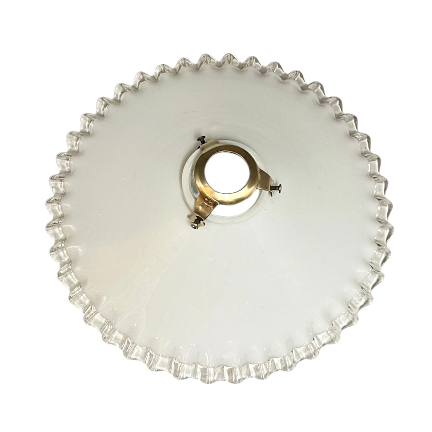 French vintage milk glass opaline lampshade with a clear trimmed frilly edge and a brass bulb holder ideal for a French country style set on a white background