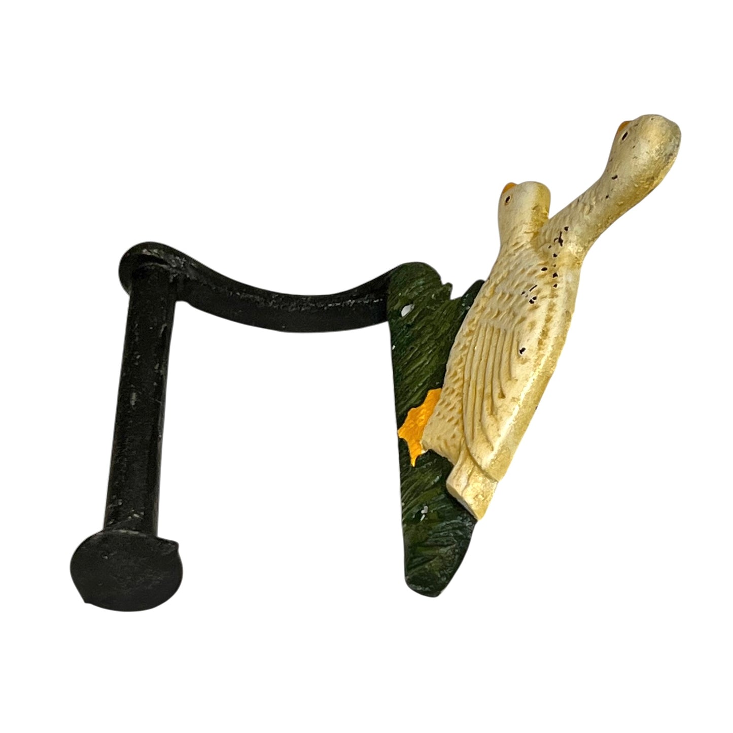 Close up of toilet roll holder with a goose design on a white background