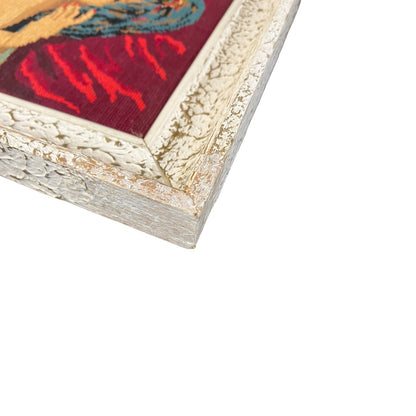close up of a French vintage tapestry on a white background