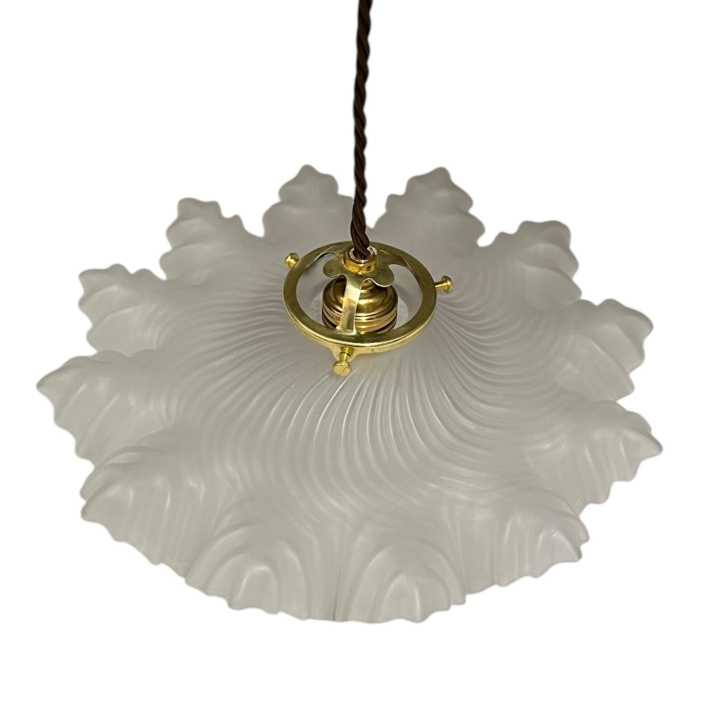A French vintage Art Deco-style lampshade made of clear frosted glass with a frilled edge, suspended by twisted-style wiring and brass fittings, perfect for adding charm to a period room or retro home, displayed against a white background.