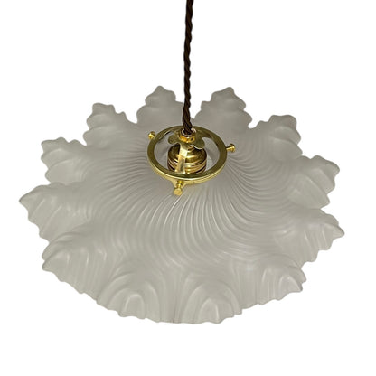 A French vintage Art Deco-style lampshade made of clear frosted glass with a frilled edge, suspended by twisted-style wiring and brass fittings, perfect for adding charm to a period room or retro home, displayed against a white background.