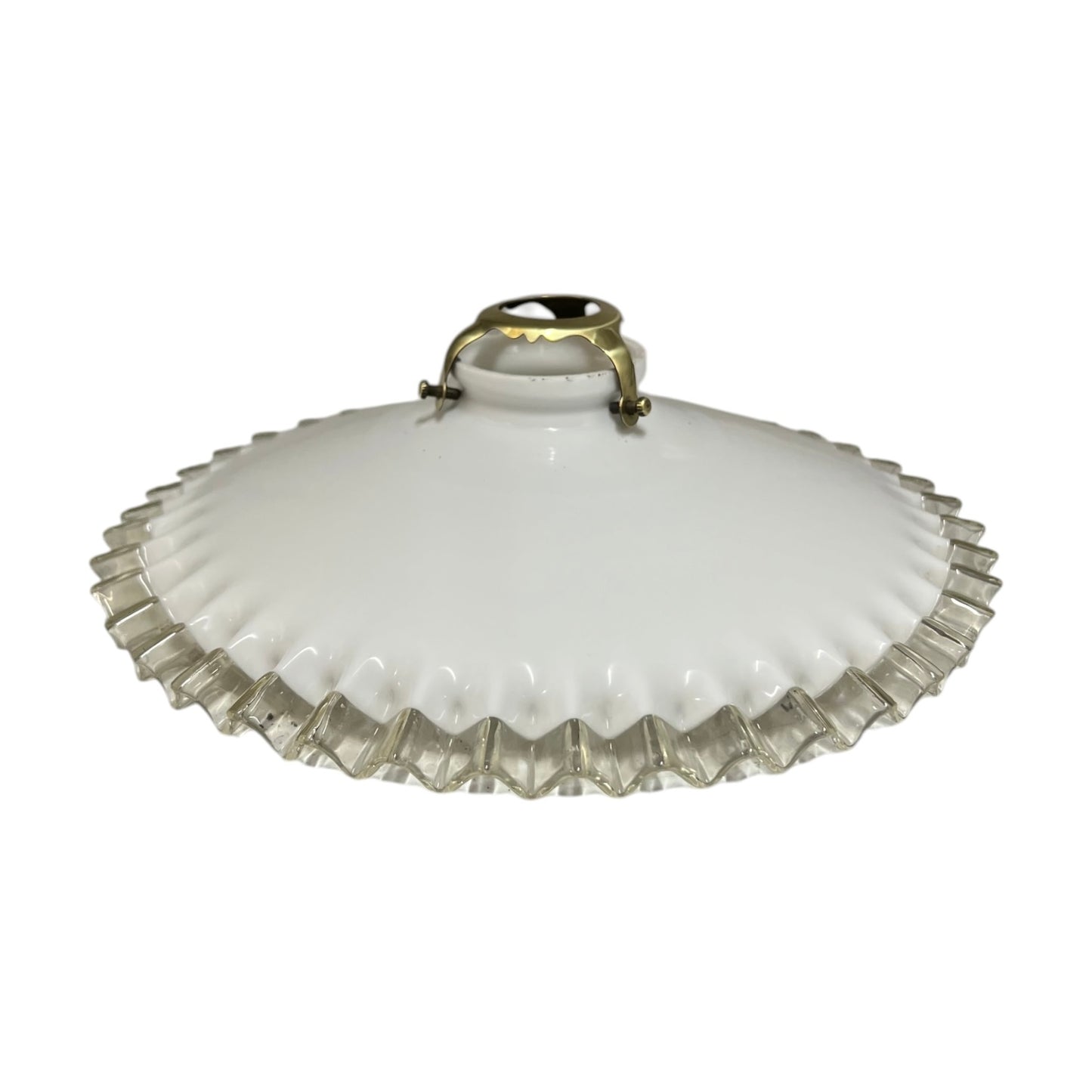 French vintage milk glass opaline lampshade with a frilled edge and brass collar, set against a white background, perfect for adding charm to a vintage-style period home.
