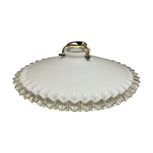 French vintage milk glass opaline lampshade with a frilled edge and brass collar, set against a white background, perfect for adding charm to a vintage-style period home.
