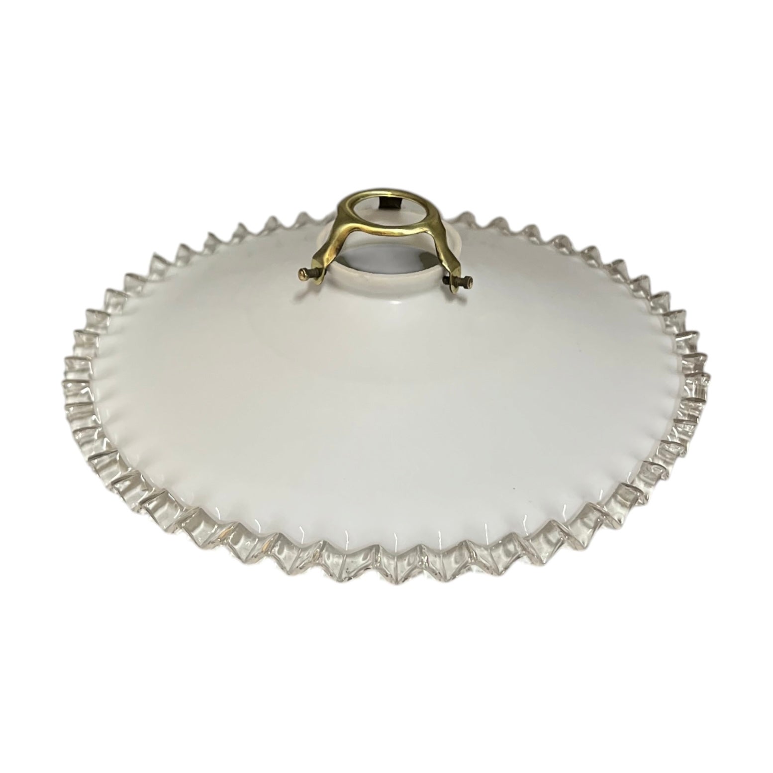 A white glass lampshade with a scalloped edge and gold fixture, perfect for adding a touch of period charm or retro flair to any home, set against a clean white background.