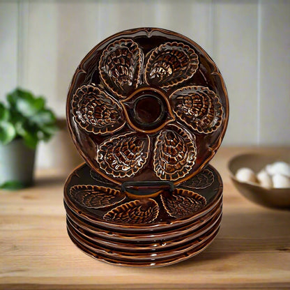 Set of 6 Vintage Oyster Plates, brown Glazed Ceramic Tableware with 6 sections for oysters 