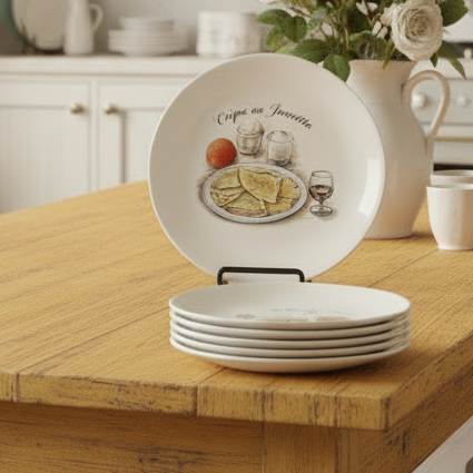 Set of 6 French white crepe plates in a shabby chic kitchen, each plate has a different crepe pattern and the text title in French