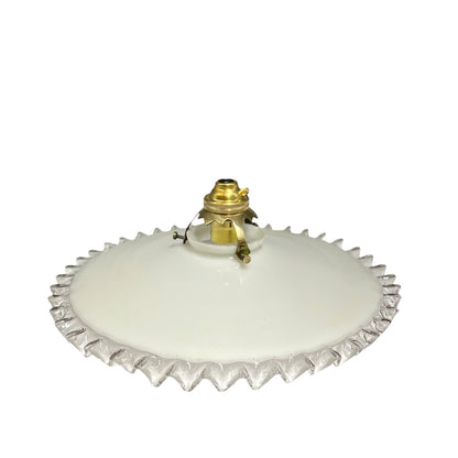 Vintage French Opaline Milk Glass Pendant Pie Crust Lampshade with Brass Collar