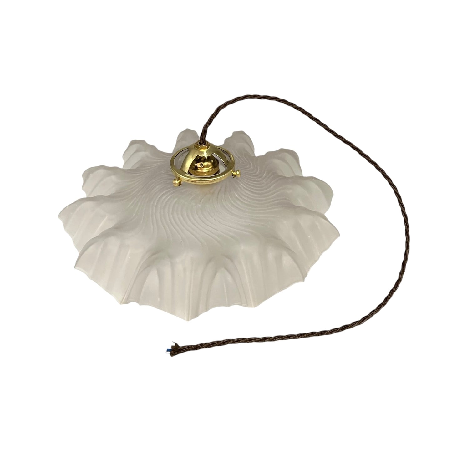 A French vintage frosted clear glass lampshade with a charming frilled edge, featuring a brass collar, bulb holder, and vintage-style twisted wiring. Perfect for adding a touch of period elegance to any vintage-inspired home decor, set against a crisp white background.
