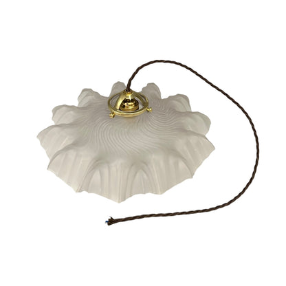 A French vintage frosted clear glass lampshade with a charming frilled edge, featuring a brass collar, bulb holder, and vintage-style twisted wiring. Perfect for adding a touch of period elegance to any vintage-inspired home decor, set against a crisp white background.