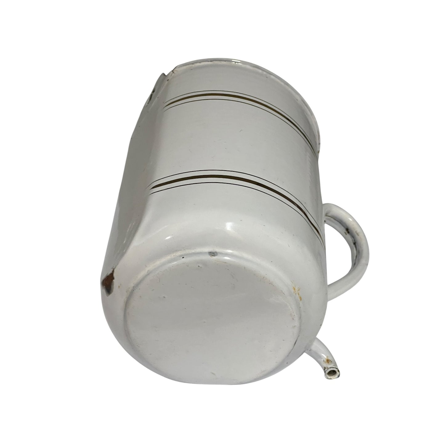 A vintage white enamel pot with a curved handle and two thin black horizontal stripes, shown from a high-angle perspective on a white background.