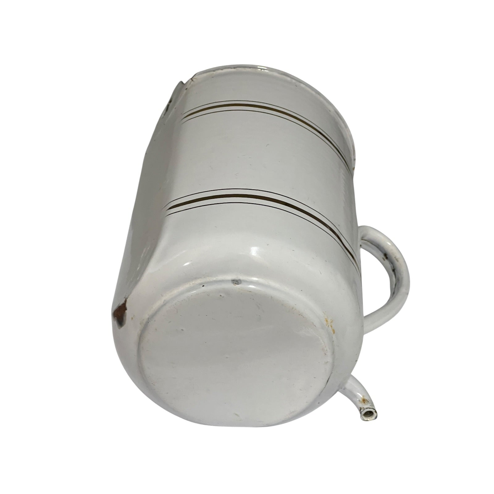 A vintage white enamel pot with a curved handle and two thin black horizontal stripes, shown from a high-angle perspective on a white background.