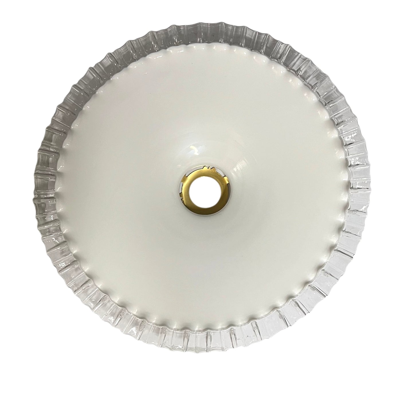 Vintage French Opaline Milk Glass Pendant Pie Crust Lampshade with Brass Collar