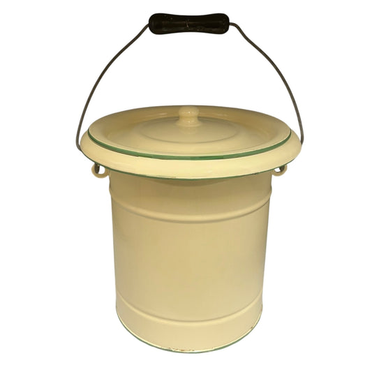 French vintage cream and green enamel bucket with a lid and handle on a white background