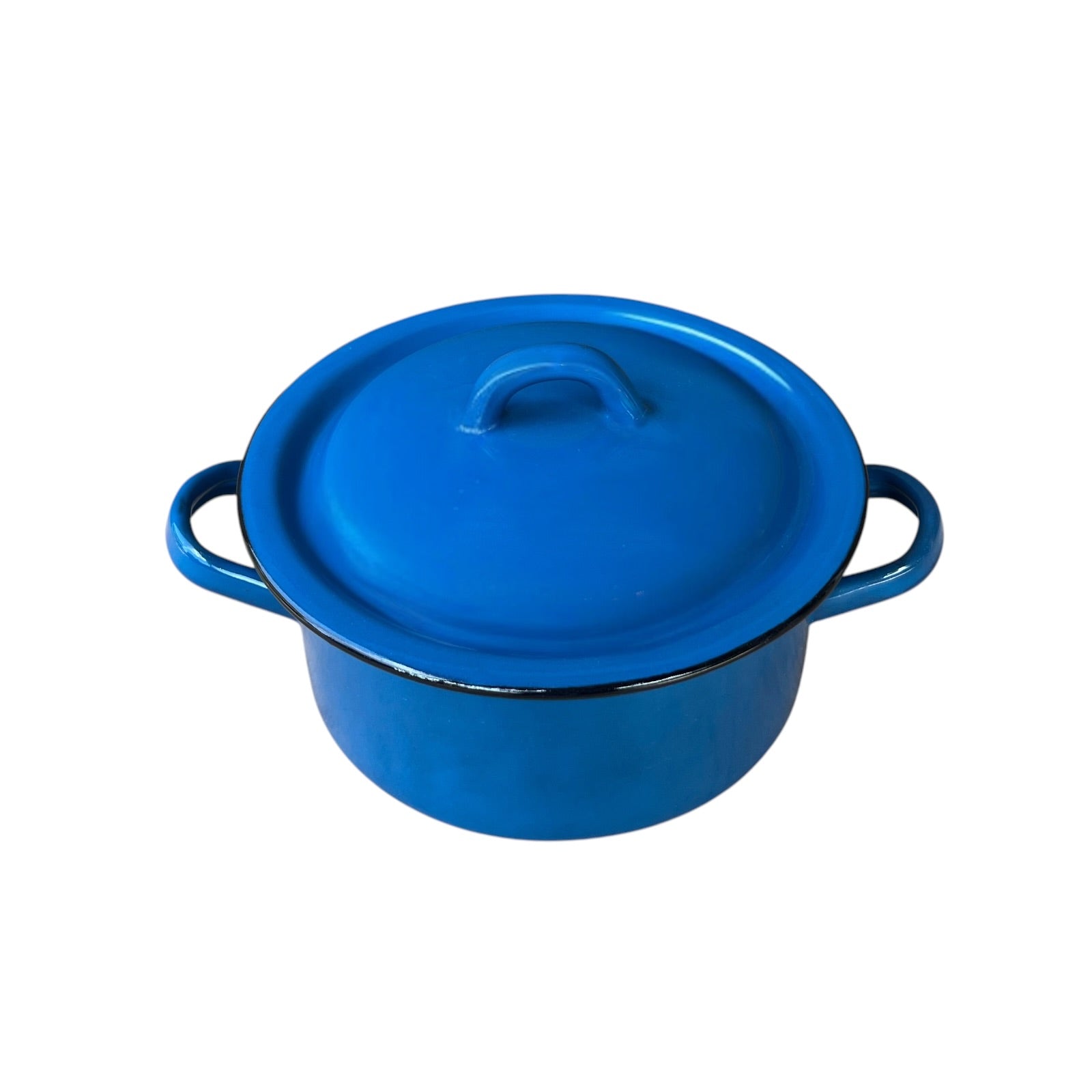 A bright blue enameled cast iron Dutch oven with a matching lid, featuring two side handles and a top handle, shown on a plain white background.