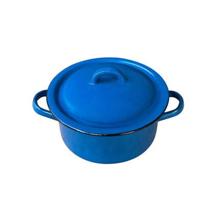 A bright blue enameled cast iron Dutch oven with a matching lid, featuring two side handles and a top handle, shown on a plain white background.