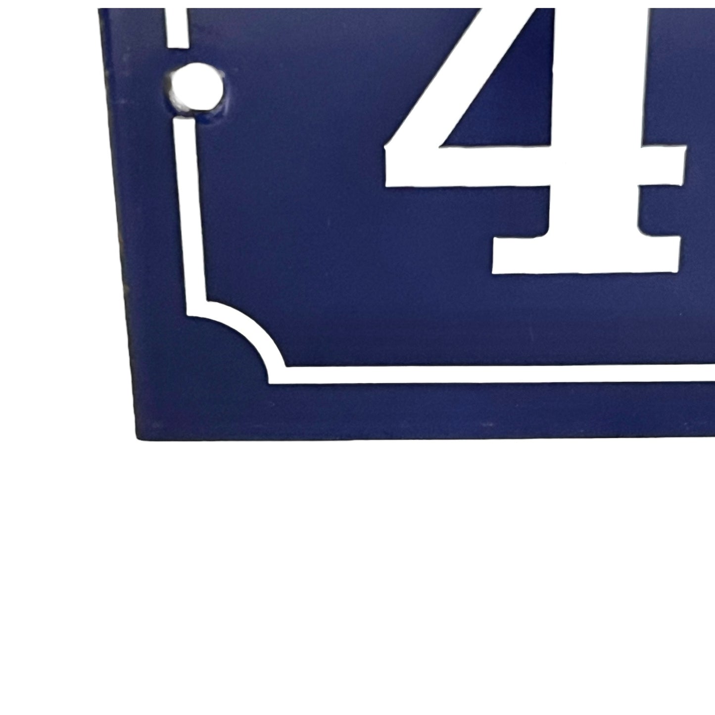 French enamelled blue and white metal front door number 4 