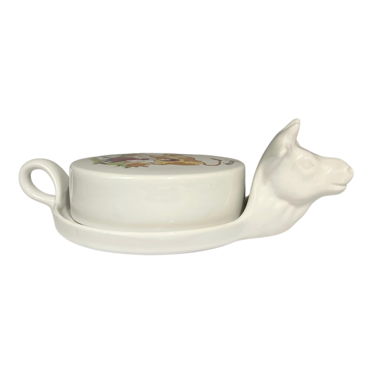 Vintage French L'Hirondelle porcelain cheese dish with cow-shaped white base and illustrated Fromage lid, traditional French farmhouse cheese server - side view