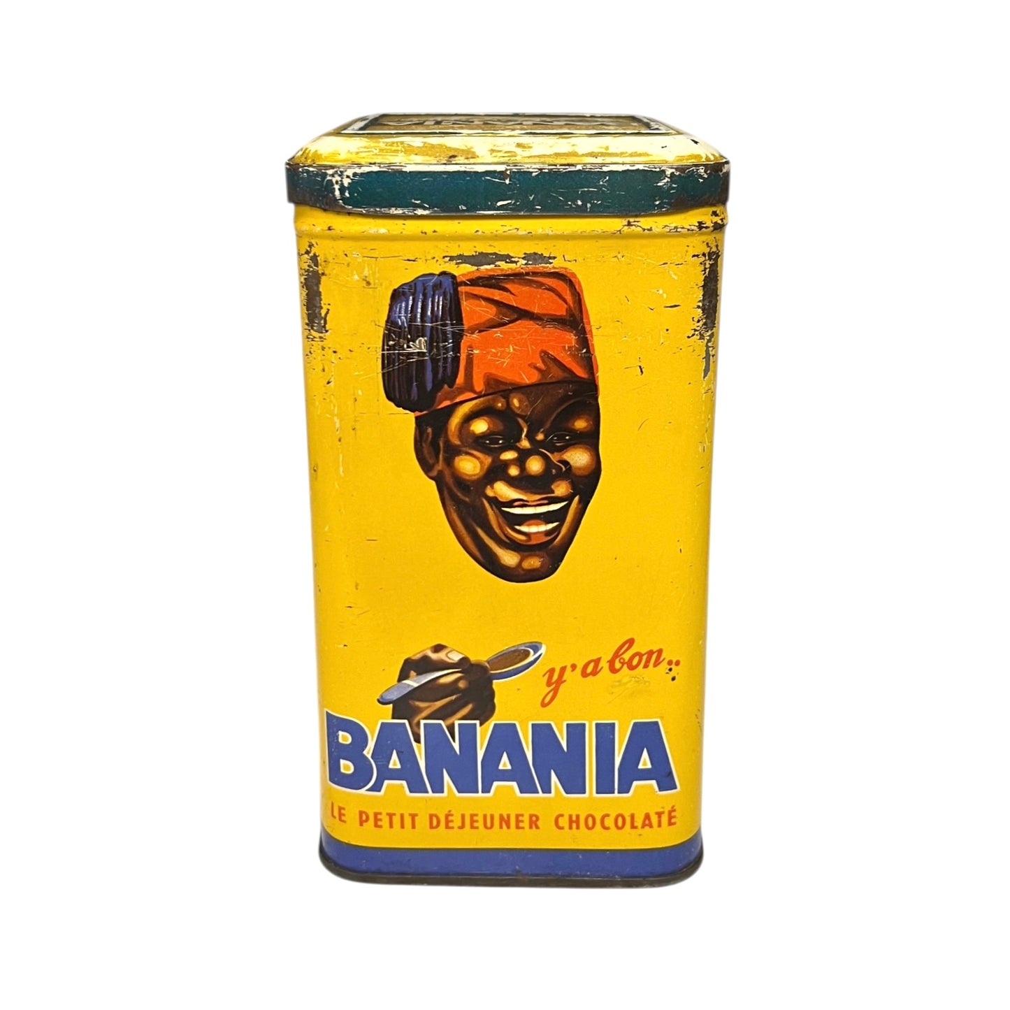 Vintage tin can with a colorful design featuring a face and 'Banania' branding on a white background.