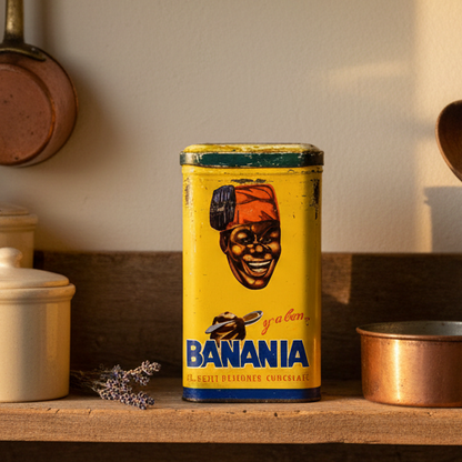 Vintage can of 'Banania' on a wooden shelf with kitchen utensils and pots.
